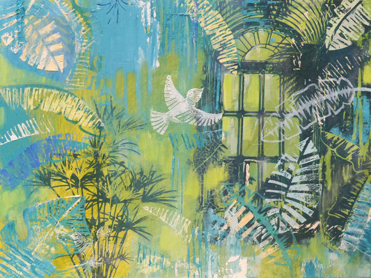 "White wisdom" Oil, Acryl, Lino, Print on wood, 40 x 30 cm