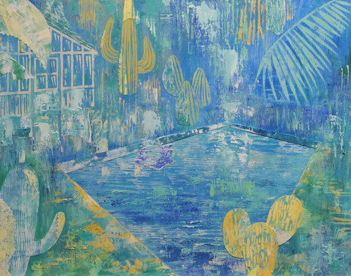 "Sparkling" Oil, Lino, cut and painted papers on wood, 61 x 48 cm