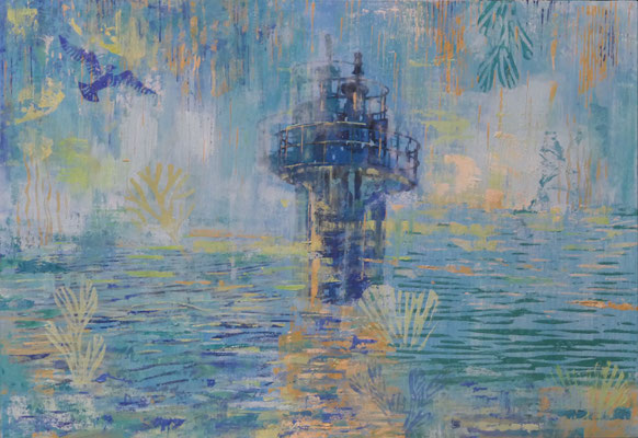 "Bright glow" Oil, Acryl, Lino, Print on wood, 65 x 45 cm