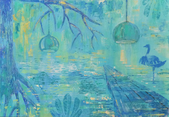 "The secret spot" Oil, Acryl, Lino, Print on wood, 65 x 45 cm