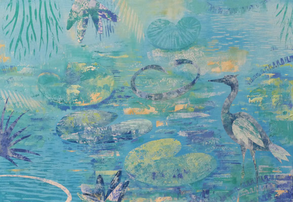 "the hidden lake" Oil, Lino, cut and painted papers on wood, 65 x 45 cm