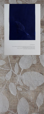 in diesem Garten, geprägte Blaupause, Text, vererbte Vorhangstoffe, 10 Blätter, Installation, Katharina Rosenbichler 2020-2021.