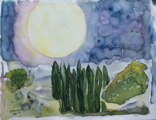 WVZ 374 2015 Baumgruppe im Vollmond Aquarell 32x41