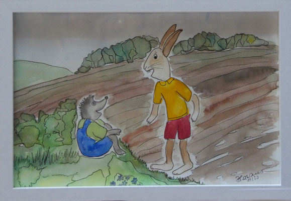 WVZ 593 Der Hase und der Igel 2020 Aquarell 20x30 gerahmt verk