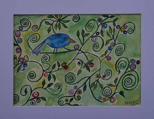 WVZ 599 Vögelchen blau 2020 Aquarell 20x30 gerahmt