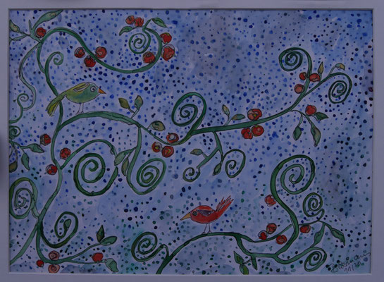 WVZ 611 Zwei Vögelchen grün und rot 2020 Aquarell 30x40 gerahmt