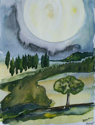 WVZ 373 2015 Zypressengruppe im Vollmond Aquarell Gouache 24x32