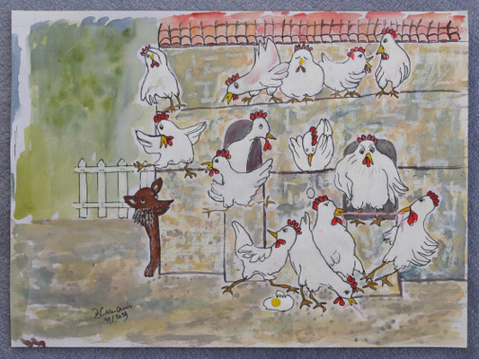 WVZ 547 2019  Die Hühner auf der Stange Aquarell 30x40 verk