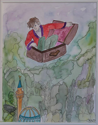 WVZ 594 Der fliegende Koffer 2020 Aquarell 30x40 gerahmt