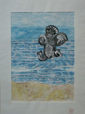 WVZ 107 2007 Engel über dem Meer Collage Papier Kohle- u. Wasserfarbe 30x40