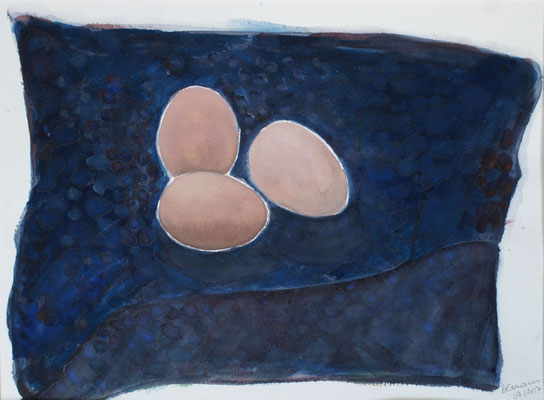 WVZ 468 2017 Drei Eier auf blauem Tuch Aquarell 29x35