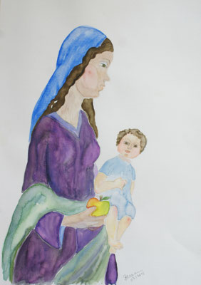 WVZ 390 2015 Maria mit Apfel Aquarell auf Druck 34x48