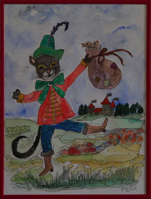 WVZ 564 Der gestiefelte Kater 2020 Aquarell 30x40 gerahmt
