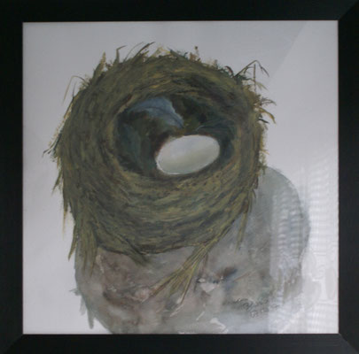 WVZ 470 2017 Ei und zwei Federn im Nest Aquarell 29x35