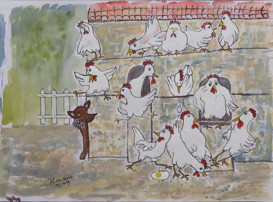 WVZ 547 2019A Die Hühner auf der Stange Aquarell30x40
