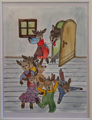 WVZ 588 Der Wolf und die sieben Geißlein 2020 Aquarell 28x36 gerahmt