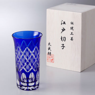 *Edo-kiriko "shot glass" Yarai Pattern - blue -