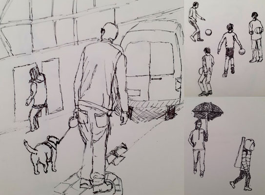 Spaziergänger in Unkel, Federzeichnung, 16 x 17 cm, 2021