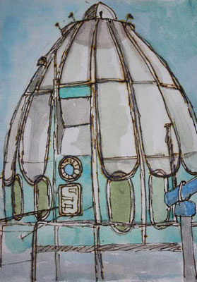 Tauchglocke Grömitz, aquarellierte Skizze, 10,5 x 14,8 cm, 2020