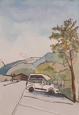 Gotthard, aquarellierte Skizze, 13,5 x 21 cm, 2021