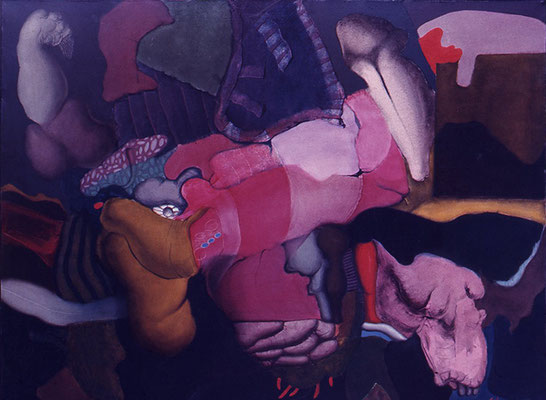 Organic Forms in Red and Blue, 1971 <br> Oil on canvas, 39x47in (120x100cm) <br> Collection of the Artist, Lima