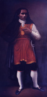 Self-Portrait as Túpac Amaru, 1971 <br> Oil on canvas, 79x39in (200x100cm) <br> Collection Humberto Aquino, Lima