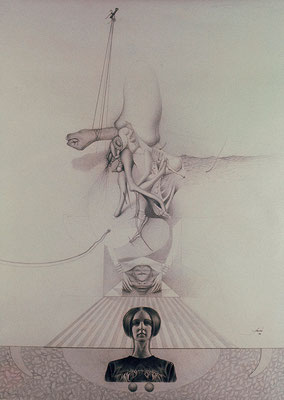Magical Suspensions, 1974 <br> Graphite on paper, 13x11in (33x28cm) <br> Collection Rafael Lemor, Lima