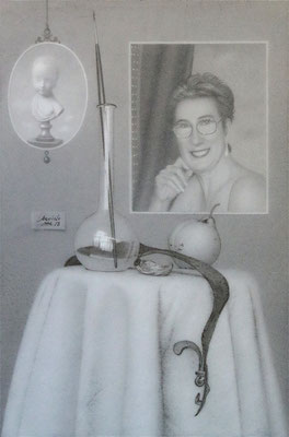 Portrait of Betty with Still Life, 2015 <br> Graphite on panel, 9½ x 7in (24x18cm) <br> Collection Betty Marco, New York