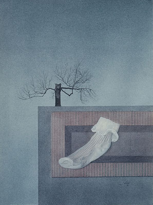 Composition with Baby Sock, 1974 <br> Watercolor on paper, 13x10in (33x25cm) <br> Collection, Biblioteca Luis Angel Arango, Bogotá