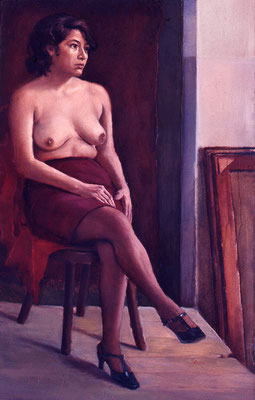 Seated Woman, 1967<br> (3rd Year School of Fine Arts, Lima) <br> Oil on canvas 39x31in (100x80cm) <br> Collection of the Artist, Lima