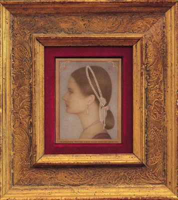 Miniature Portrait of Dalia Maziar, 1984 <br> Mixed media on panel, 4x3in (10x8cm) <br> Collection Larissa Maziar, New York