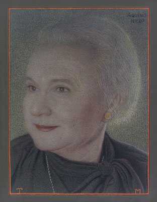 Miniature Portrait of Teodozia Maziar, 1987 <br> Mixed media on panel, 4x3in (10x8cm) <br> Collection Larissa Maziar, New York