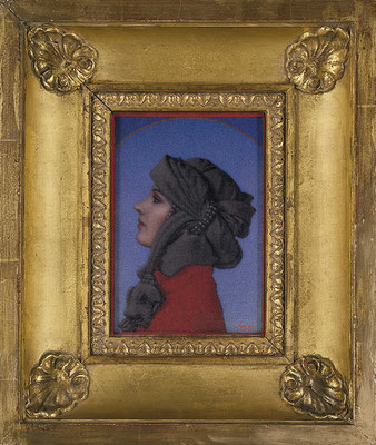 Miniature Portrait of Larissa in Profile, 1991 <br> Mixed media on panel, 7x5in (18x13cm) <br> Collection Larissa Maziar, New York