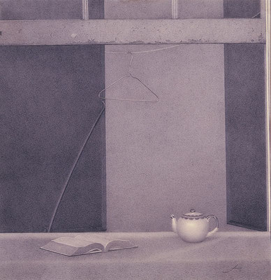 Still Life with Teapot, 1978 <br>  Graphite on paper, 14x14in ( 35x35cm) <br> Collection José Miguel Bákula, Lima