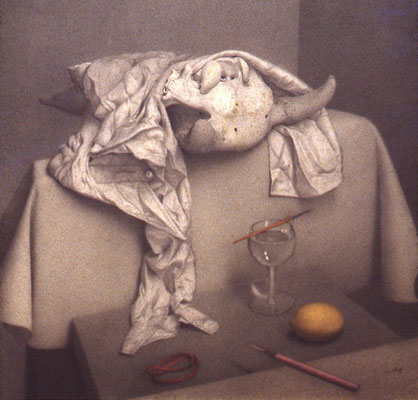 Still Life with Cow’s Skull, 1979 <br> Watercolor, color pencil on board, 14x14in (35x35cm) <br> Private Collection, Medellín