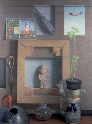 Vita Brevis, Ars Longa, 1981-1982 <br> Mixed media on panel, 17x13in (44x33cm) <br> Collection Ostrove-Klein, Michigan