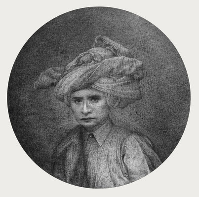 Miniature Self-Portrait with Turban, 1976 <br> Graphite on panel, 6in diameter ( 16cm) <br> Collection Eduardo Hochschild, Lima