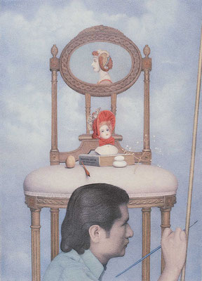Self Portrait with Chair, 1984 <br> Mixed media on paper, 14x10in (36x25cm) <br> Collection Gayle Parker, Michigan