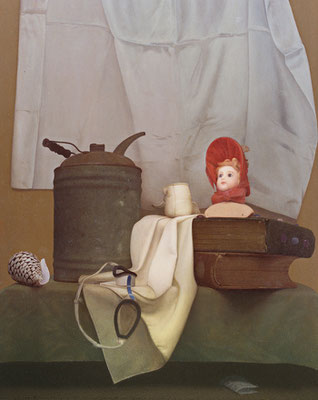 Still Life with Shoe, 1983 <br> Oil on linen, 21x17in (53 x43cm) <br> Collection Francisco Guerra, Michigan