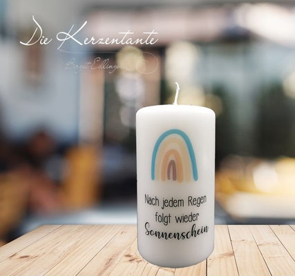 Spruchkerze: "Nach jedem Regen folgt Sonnenschein", Maße: 15x8cm, Preis: EUR 9,00