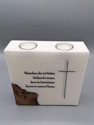 Gedenkkerze mit Teelichtern und Holzeinsatz, Spruch individualisierbar