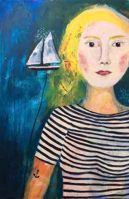 VERKAUFT Helga Stein, Die kühle Blonde, 2018, Mixed Media auf Leinwand, 80 x 120 cm