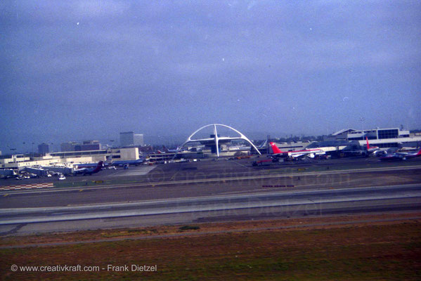 Los Angeles, California, PAN AM/Pan American flight, International Airport LAX tower aerial view, 6/1990