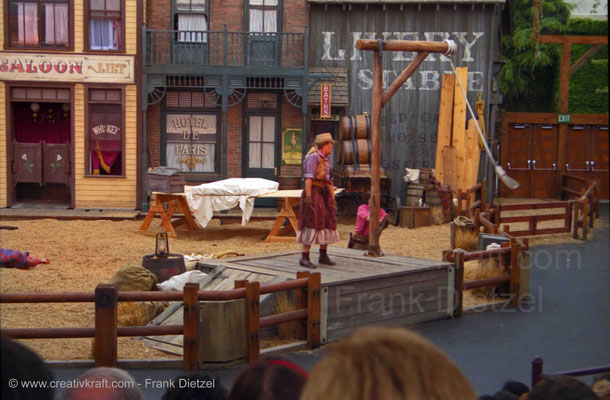 The Wild Wild Wild West Stunt Show: cowboys fighting next to the gallows, Universal Studios Hollywood, Universal City, Los Angeles, California 91608, 6/1990 