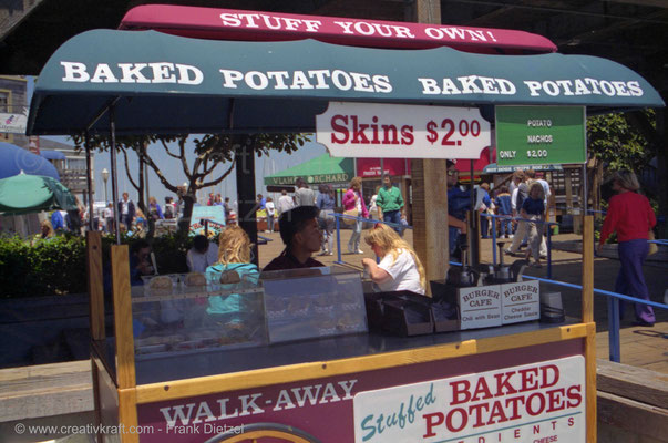 Baked potatoes and Skins food stand at Fisherman´s Wharf, San Francisco, California