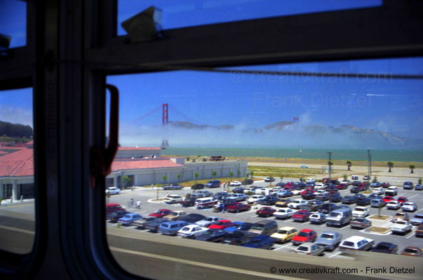 Golden Gate Bridge and parking lot of today´s Outrigger Canoe Club, Mason St, Presidio, San Francisco, CA, 94129