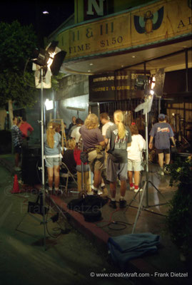 Film production crew in front of The Egyptian Theatre, Walk of Fame, 6712 Hollywood Blvd, Los Angeles, California 90028, Aug 9, 1995