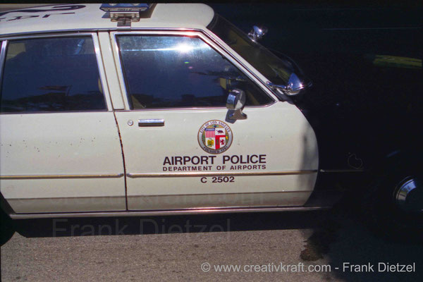 LAX Los Angeles Airport Police car C 2502 Chevrolet Caprice Classic 1988, S Sepulveda Blvd under Worldway bridges, 90045 California, June 1990