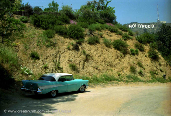 View to Hollywood Sign, 1957 turquoise Chevrolet Bel Air, 9234 Durand Dr/Heather Dr, Hollywoodland, Los Angeles, California 90068, 4/1993