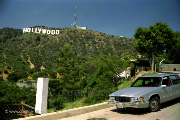 View to Hollywood Sign, 1992 Cadillac Sedan DeVille, 3373 Deronda Dr, Hollywoodland, Los Angeles, California 90068, 4/1993